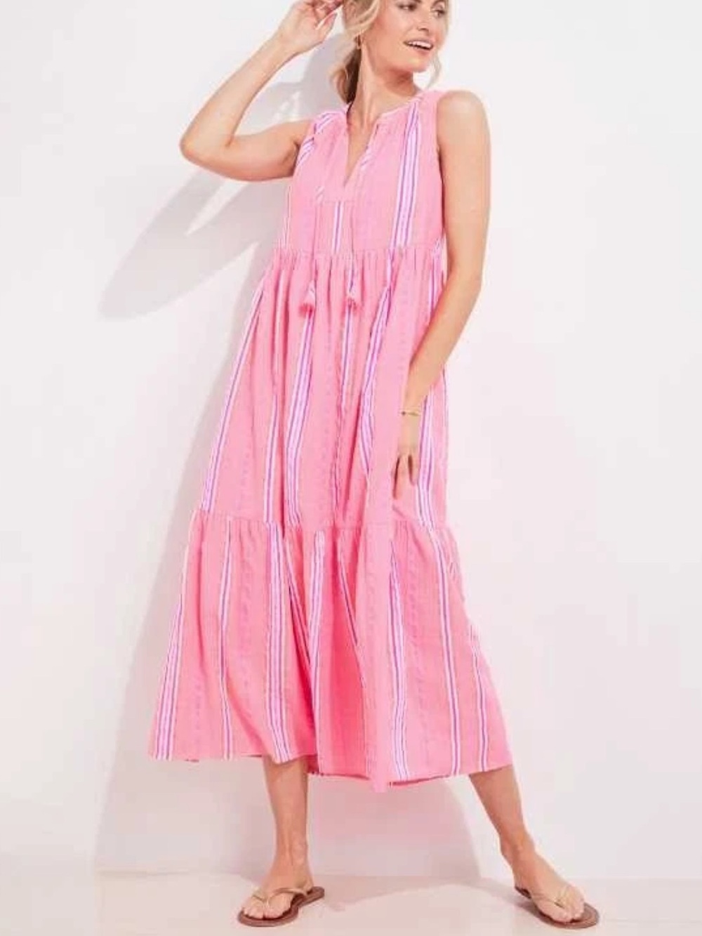VINEYARD VINES WOMENS STRIPED NEON POP TIERED MAXI DRESS PINK COTTON SMALL